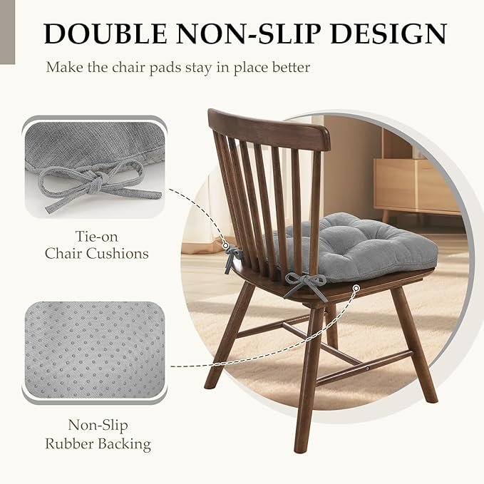 HARBOREST Chair Cushions for Dining Chairs Set of 6 - Chenille Tufted Kitchen Chair Cushions with Ties and Non-Slip Bottom, Foam Chair Pads for Dining Chairs, 17" x 17", Light Grey