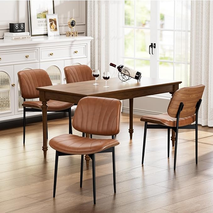 YaFiti Dining Chairs Set of 4, Dining Room and Kitchen Chairs, Mid Century Modern Accent Chair, Upholstered PU Leather Chairs for Vanity with Walnut Bentwood and Metal Legs, Light Tan