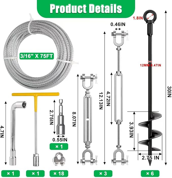 6 Pack 30" Heavy Duty Ground Anchors Shed Anchors Kit with 3/16" Galvanized Cable & M6 304 Stainless Steel Turnbuckles, Earth Anchors for Mobile Home Carport Gazebo Trampoline