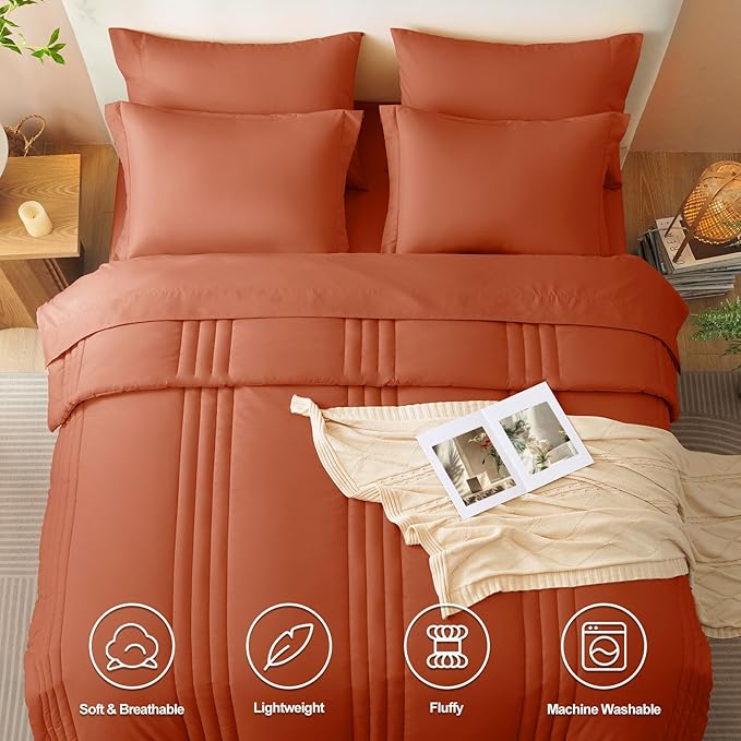 CozyLux Full Size Comforter Sets - 7 Piece Bed in a Bag Terracotta Comforter Set with Sheets Bed Set All Seasons, Soft Bedding Set with Down Alternative Comforter, Sheets, Pillowcases & Shams