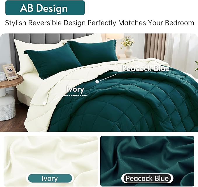 MUXHOMO 7 Pieces California King Comforter Set, Reversible Bed in a Bag Cal King Size, All Season Bedding Set with Comforter, Flat Sheet, Fitted Sheet, Pillowcases & Shams, Peacock Blue & Ivory