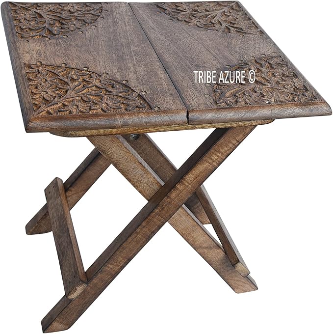 Small Altar Table for Meditation, Puja, Wiccan, Buddhist Practices - Wooden Low Side Table, Japanese Tea Table, Folding Dragon Design With Floral Pattern