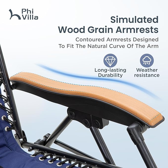 PHI VILLA XXL Oversized Padded Zero Gravity Chair Set of 2, Foldable Patio Recliner, 30" Wide Seat Anti Gravity Lounger with Armrest and Cup Holder, Support 400 LBS (Navy Blue)