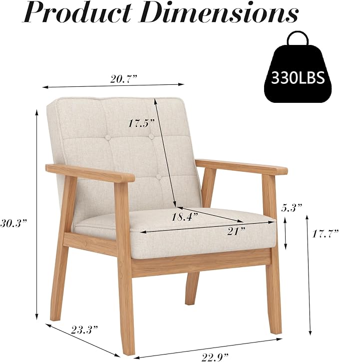 KCC Mid-Century Modern Linen Fabric Accent Chair Set of 2, Upholstered Tufted Leisure Chair Comfy Reading Side Chair with Armrest and Solid Wood Frame for Living Room Bedroom Balcony(Beige)