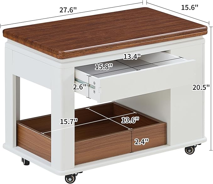 27.6" Modern Multi-Function Coffee Table with Foldable Top & Casters,Side Table with Multi-Tier Storage,White & Walnut