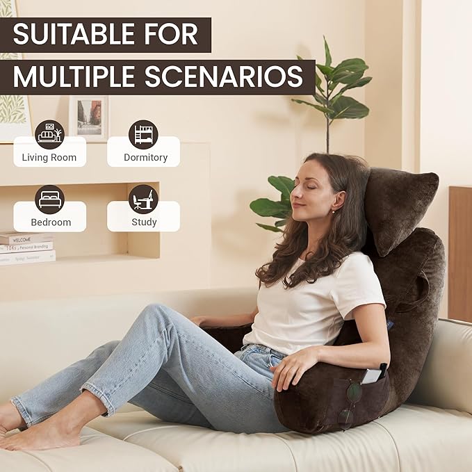 Unisakey Portable Reading Pillows with Headrest for Bed Sitting Up(Brown Oeko-Tex), Velvet Back Pillow with Arms & Pockets for Adults, Support Memory Foam Bed Pillow for Dorm/Reading/Watching/Gaming