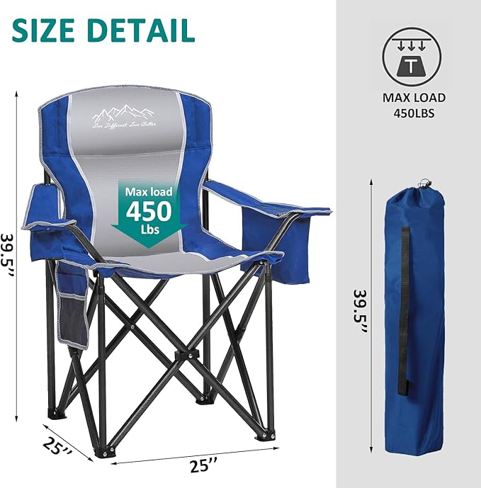 SAILARY Camping Chair Heavy Duty High Back Folding Chair with Cup Holder, 450lbs Capacity, Padded Seat, Cooler Bag & Storage Pocket, Portable for Outdoor, Beach, Fishing, Sports, 2 Pack Blue