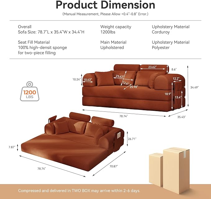 ZQRhome 79" 5-in-1 Convertible Sofa Bed, Modern Sleeper with Heavy Duty Frame, Plush Corduroy & 2 Pillows, No Assembly Couch for Entertainment & Lounge, Orange