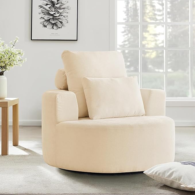 Furnimart Oversized Barrel Accent Chair, 360° Swivel Round Upholstered Sofa, Chenille High-Resilience Sponge, No Assembly Wide Seat for Living Room, Bedroom, Apartment (Beige)