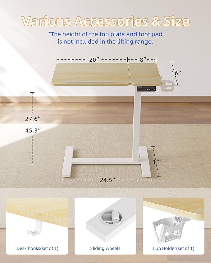 YIHAYO Adjustable Overbed Bedside Table with Wheels, 28 x 16 Inches Electric Mobile Standing Desk, Laptop Desk, Movable Overbed Tables Hospital Home Use, Natural
