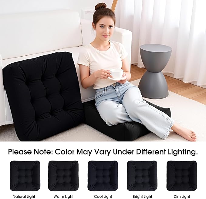 Tikuns 2Pcs Floor Pillows for Adults, 22 * 22 Inch Meditation Cushions, Large Square Sitting Cushion Living Room Memory Foam Pillow for Sitting (2, Black, 22x22x4 Inch)