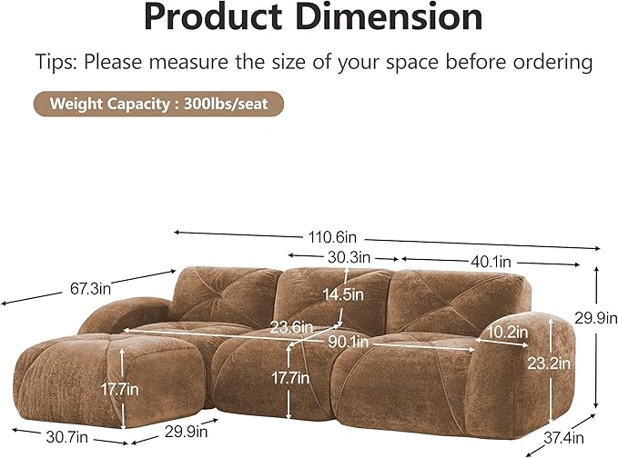 Modular Sectional Sofa with Free Combination,Boneless Floor Couch for Living Room & Lounge,Velvet 3-Seater Sectional Couch with Ottoman,No Assembly Needed