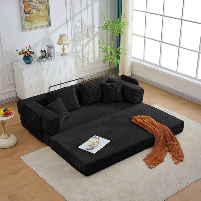 Folding Sofa Bed, Corduroy Loveseat Sleeper with Fixed-Shape Frame, No Assembly Needed Futon Couch, Convertible Floor Sofa Lounge Couch for Living Room, Bedroom, Lounge Studio, Black