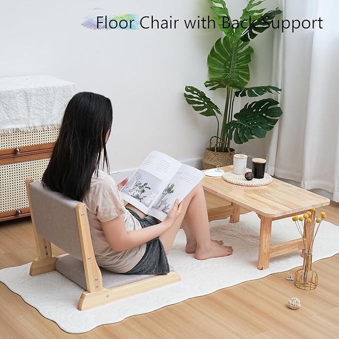 Japanese Floor Chair with Back Support, Foldable Meditation Chair, Legless Tatami Chair with Cushion, Floor Seat for Living Room, Bedroom, Bay Window (2, Gray)