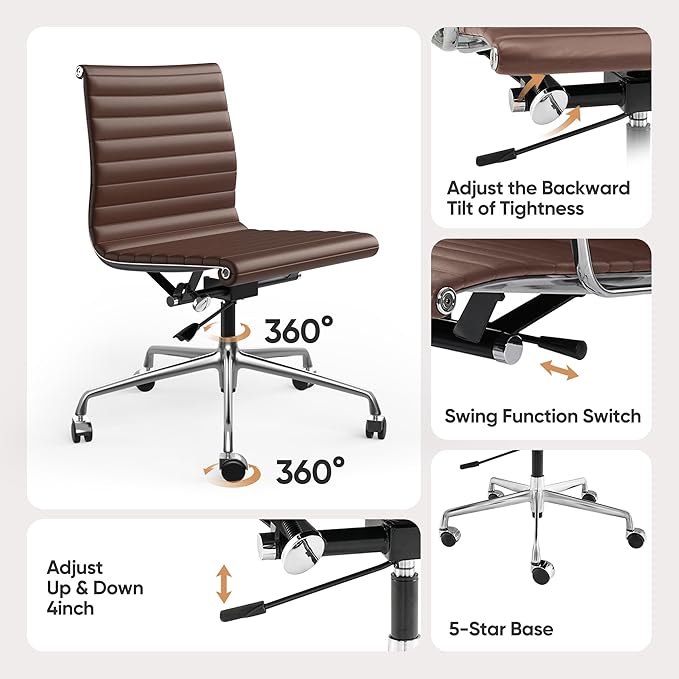 OTDMEL Armless Ribbed Office Desk Chair with Top Grain Leather, Mid Back Ergonomic Swivel Room Chair, Adjustable Height 5-Star Base, Brown