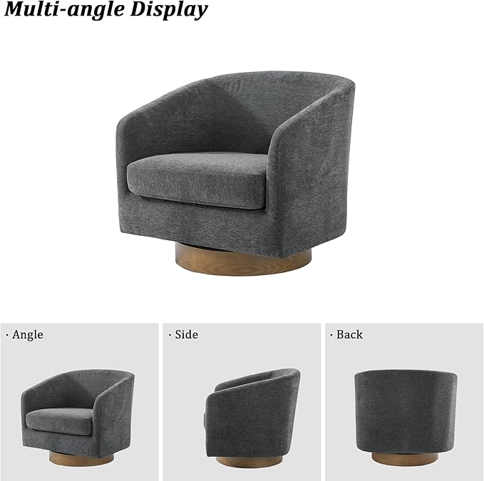 Swivel Barrel Chair, Modern Round PU Leather Accent Armchair for Living Room, Bedroom, Oversized Comfy Club Reading Chairs for Adults (Chenille Grey, Set of 2)
