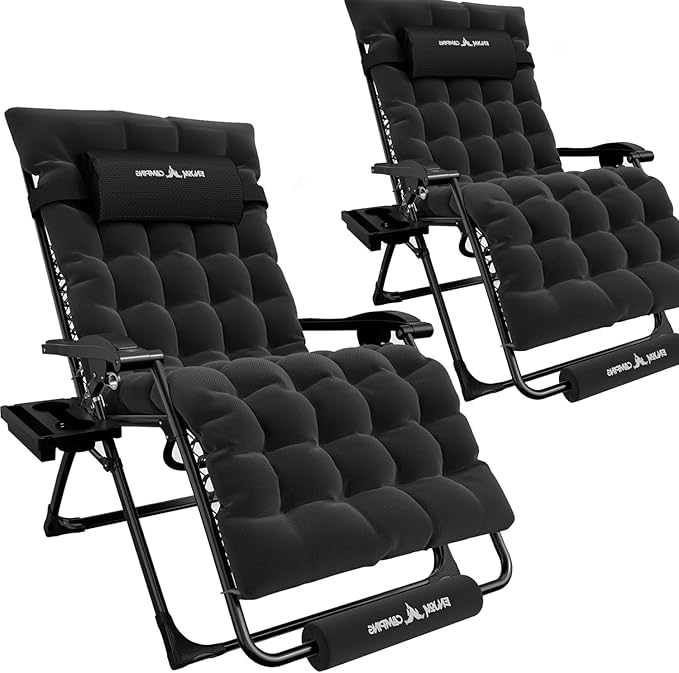 Amopatio Oversized Zero Gravity Chair with Cushion, XL Folding Outdoor Lounge Reclining Patio Chair with Tray/Footrest/Headrest for Camping Sunbathing Relaxing Reading
