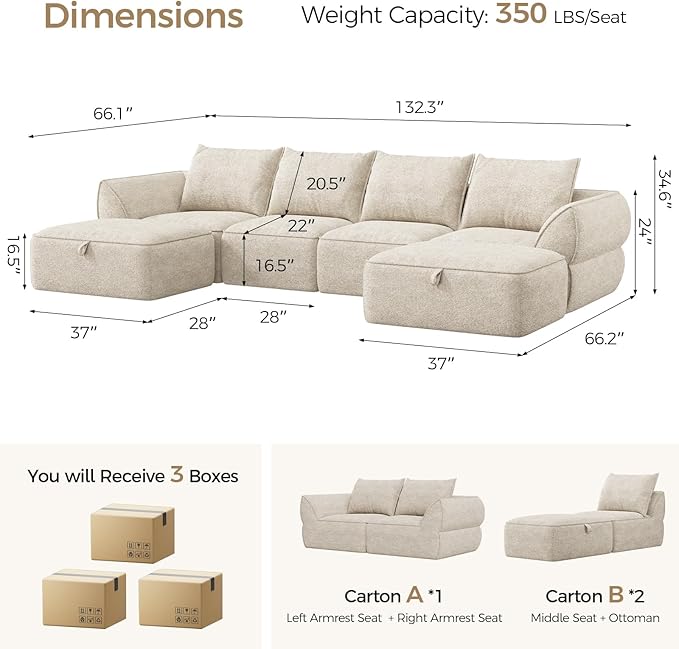 132" Modular Sectional Sofa with Deep Seat, U-Shaped Cloud Couch for Living Room, 4-Seater Boneless Sofa with 2 Ottomans, Flexible Combination Modern Upholstery Sofa, No Assembly Required, Apricot