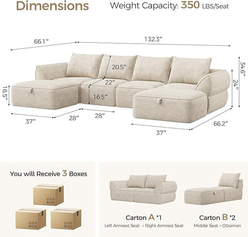 132" Modular Sectional Sofa with Deep Seat, U-Shaped Cloud Couch for Living Room, 4-Seater Boneless Sofa with 2 Ottomans, Flexible Combination Modern Upholstery Sofa, No Assembly Required, Apricot
