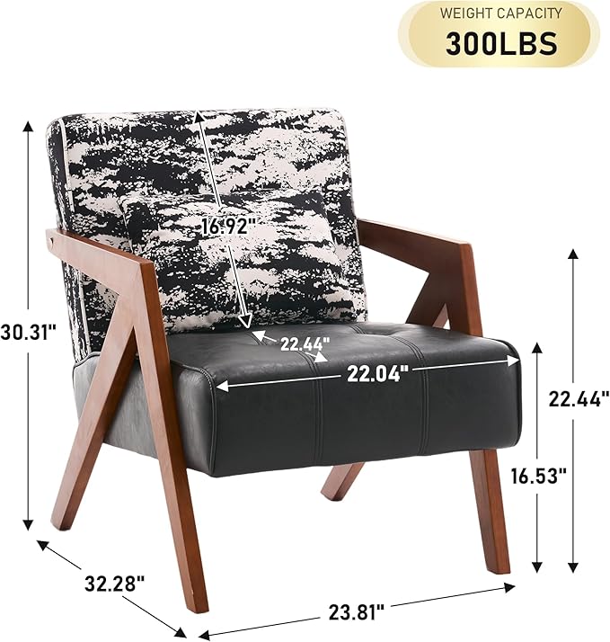 Mid-Century Modern Accent Chair with Solid Wood Frame，Upholstered Leather Living Room Arm Chairs with Pillow for Bedroom, Living Room, Reading Room, Balcony, Black