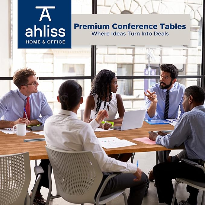 ahliss Sturdy Conference Table with Cable Management Grommets Modern Rectangle Office Meeting Table with Wood Tabletop and Metal Frame & Legs- Easy Assembly Boardroom Table (Natural, 10 Foot)