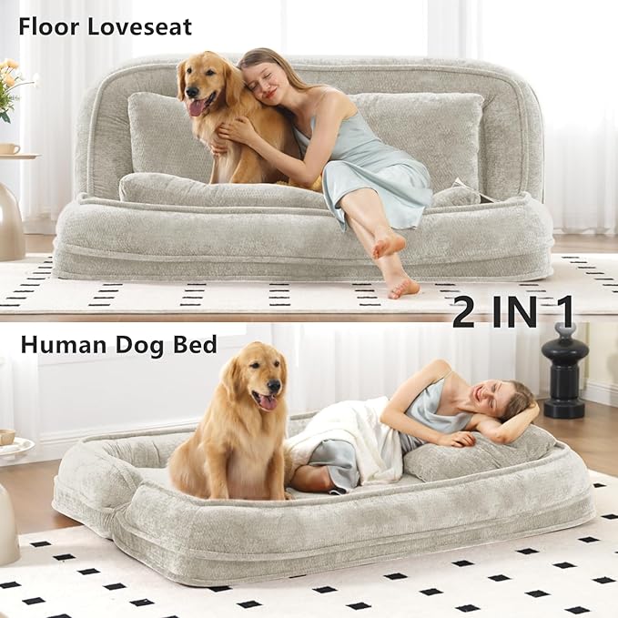 Foldable Lazy Sofa Bed, Chenille Upholstered Human Dog Bed for Adults, 2 in 1 Convertible Floor Sofa with 5 Adjustable Backrest Positions and Soft Cushions for Living Room (Beige)
