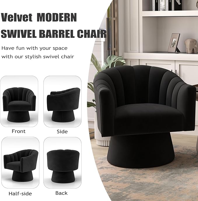 Swivel Accent Chair,Upholstered Velvet 360° Swivel Barrel Chair for Living Room Overstuffed Bouncle Reading Chair Round Armchair for Bedroom,Vanity,Office(Black)