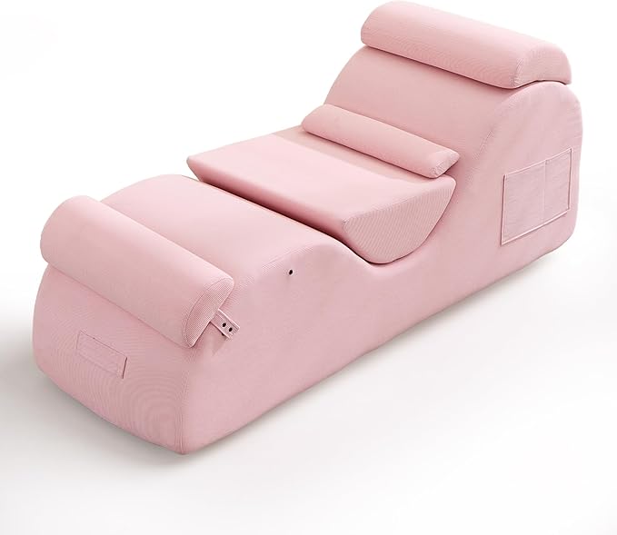DRMBOOK Yoga Chairs for Adults, Corduroy Fabric Chaise Lounge with Headrest, Boneless Yoga Sofa Couch with Waist Cushion, Movable Footrest, Side Pockets for Relaxation Exercise Stretching (Pink)