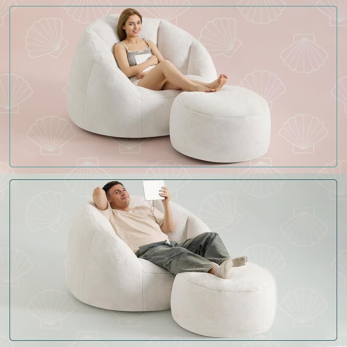 Swivel Giant Bean Bag Chair for Adults with Ottoman - Comfy Plush Round Shell Soft Accent Chaise Lounge Indoor Chair, Oversized Cozy Floor Sofa for Living Room, Bedroom & Game Rooms, Beige