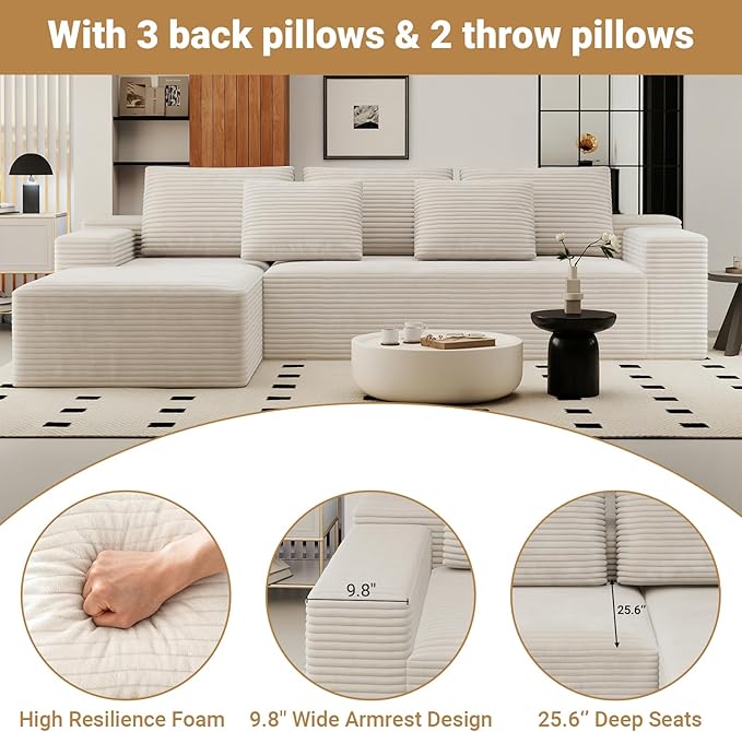 KAPEETOO Cloud Modular Sectional Sofa with Chaise Longue, Giant L Shaped Sectional Couch with Deep Seat, Oversize 3-Seater Boneless Couch for Living Room Bedroom Left Facing Chaise (White)