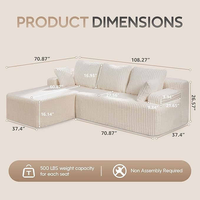 Modular Sectional Sofa Couches L-Shape Couch 3 Seat Modular Sofa Memory Foam Sectional Couches for Living Room, Cloud Couch with Oversized Chaise (White Stripe, 108" Left Facing Chaise)