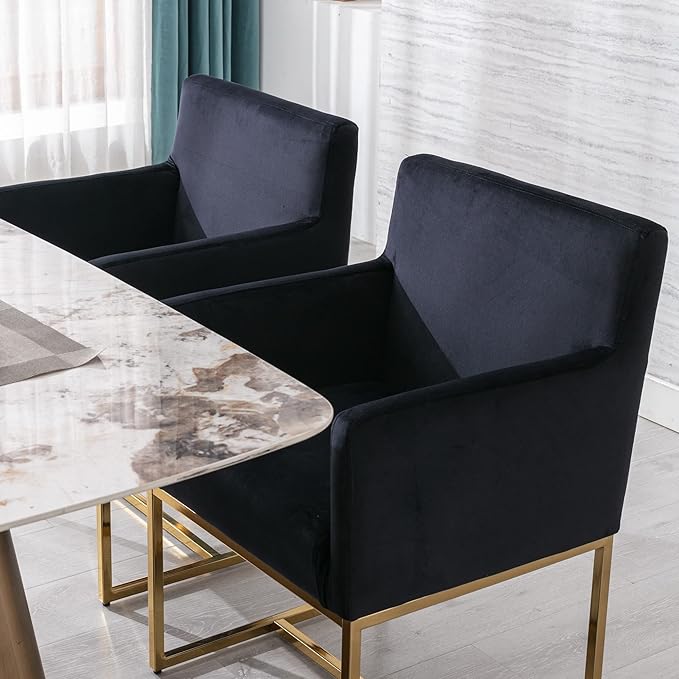 BESTANO Set of 2 Upholstered Velvet Dining Chairs with Armrest, Mid Century Modern Accent Armchairs, Modern Kitchen & Dining Room Chairs with Gold Frame, Black