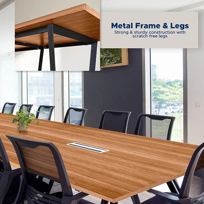 ahliss Sturdy Conference Table with Cable Management Grommets Modern Rectangle Office Meeting Table with Wood Tabletop and Metal Frame & Legs- Easy Assembly Boardroom Table (Natural, 12 Foot)