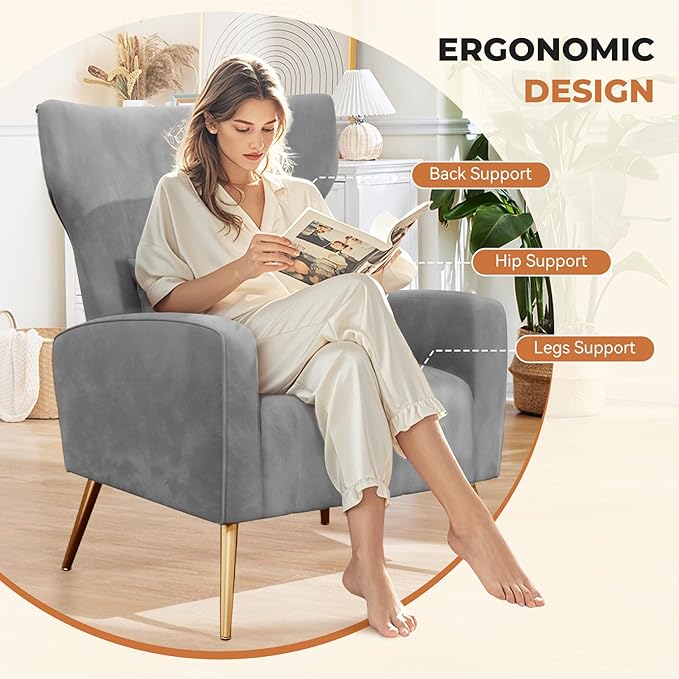 Nalupatio Modern Accent Chairs for Set of 4 Upholstered Velvet Fabric Reading Chair Mid Century Arm Chair Comfy Armchair for Living Room,Grey