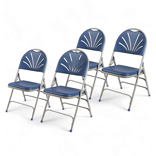 OEF Furnishings OEF1100 Series Premium Heavy-Duty Plastic Folding Chairs, Commercial Fanback Event Chairs with Triple Brace and 500 lb Capacity (4-Pack, Blue Plastic with Gray Frame)