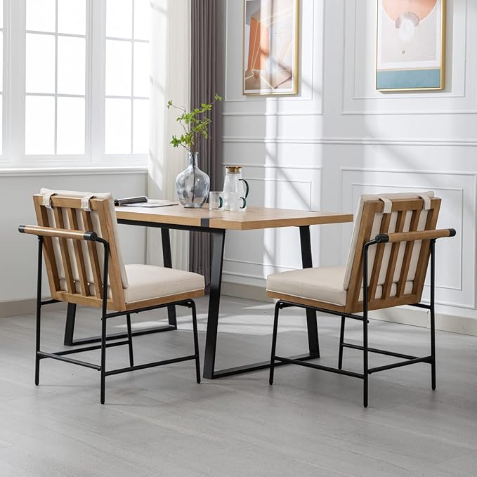 LukeAlon Mid Century PU Leather Dining Chairs Set of 2, Upholstered Square Back Kitchen Chairs with Metal Legs Armless Parsons Chairs with Wood Frame for Dining Room Reception Room, Beige