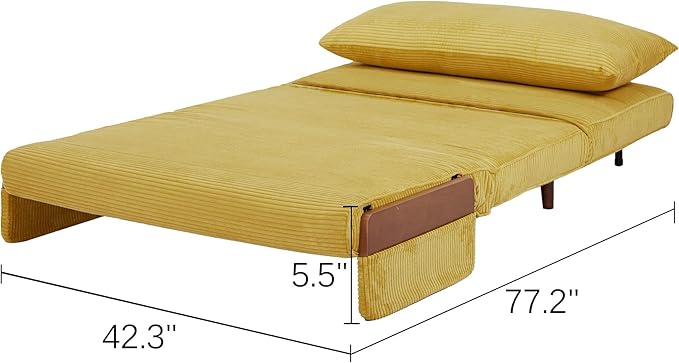 CITTANEO 42" Convertible Sleeper Chair, 3-in-1 Chair Bed Sleeper for Adults with Adjustable Backrest, Pillow & Wooden Arms, Loveseat Sofa Bed for Apartment, Office, Mustard Yellow