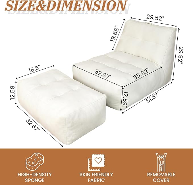 Bean Bag Chair with Ottoman, Giant Bean Bag Chairs for Adults with Memory Foam, Comfy Bean Bag Sofa for Bedroom, Lounge Beanbag of Reading and Gaming with Filler Included (Beige White)