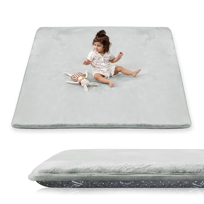 PaPaMat 1.5" Thick Baby Play Mat for Floor, 50x50 Playpen Mat, Pro Soft Flannel Foam Mats Toddler Infant Kids Crawling for Nursery Rug Playroom Living Room Waterproof Easy Care Non-Slip (Light Grey)