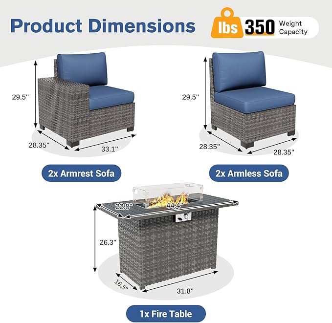 5 Piece Patio Furniture Set with Fire Pit Table, Outdoor Conversation Sets Grey Wicker Rattan Sectional Sofa, 4'' Thickened Cushion Navy Blue (Include Waterproof Cover)
