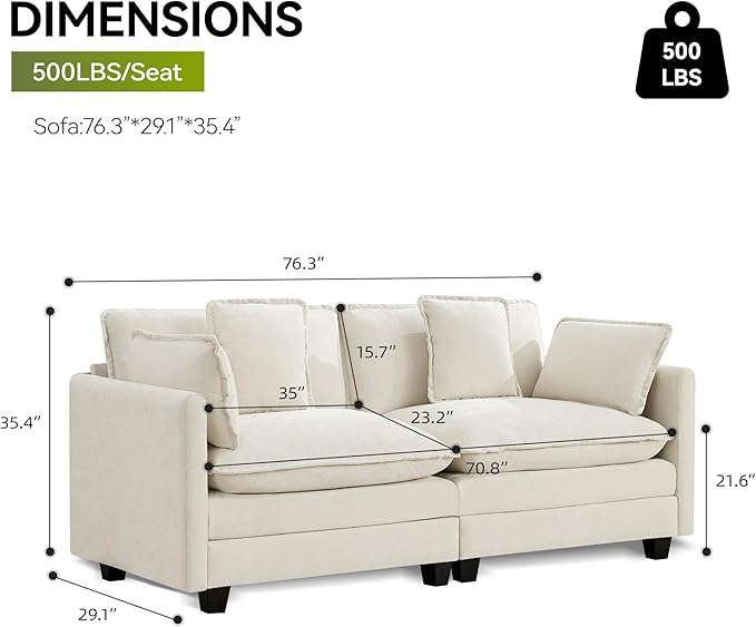 UMBFUN 2-Seater Cloud Couch, Oversized Comfy Modular Sectional Sofa with Deep Seat Cushions, Chenille Loveseat for Living Room, Apartment & Small Spaces, Beige