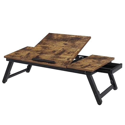 SONGMICS Laptop Desk, Bed Sofa Breakfast Tray, Adjustable Tilt Top, Right-Left Handed, Adjustable Folding Legs, Drawer, Rustic Dark Brown ULLD110B01