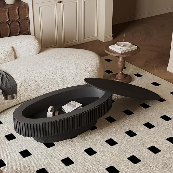 Oval Coffee Table for Living Room Modern Wood Center Tables with Storage Drum Tea Cocktail Fluted Mid Century Apartment Easy Assemble, Black 31.5" D x 47.2" W x14.2 H