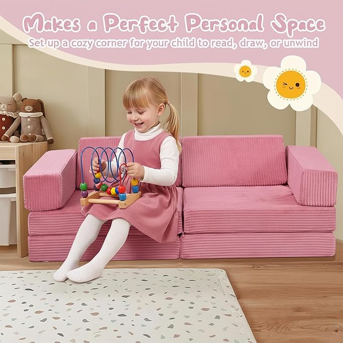 MeMoreCool 10-Piece Kids Modular Play Couch — Corduroy Convertible Foam Sofa Set for Building Forts, Lounging & Creative Play, Washable Covers, Child Room & Playroom Furniture, Pink