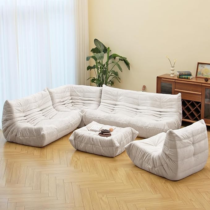 N&V Fireside Chair, Mid Century Armless Floor Sofa, Soft Premium Chenille Floor Lounge Chair, Foam Sofa Accent Chair for Living Room Bedroom and Office (White, Three seater)