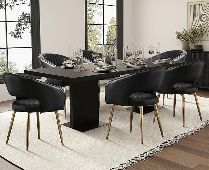 Faux Leather Dining Chairs Gold Legs, Modern Black PU Leather Dining Room Chairs with Arms Set of 4 Upholstered Accent Chair Armchair with Barrel Back for Kitchen Living Room