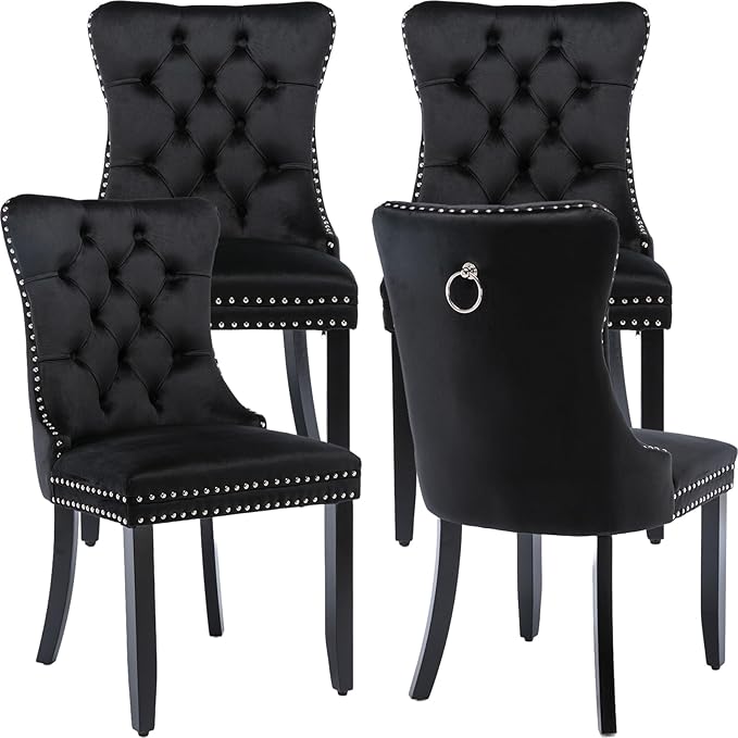 YeahFurn Black Mid Century Modern Dining Chairs Set of 4, Velvet Upholstered Kitchen & Dining Room Chairs with Nailhead Trim & Solid Wood Legs, Elegant Sillas De Comedor (Black, 4 Pcs)