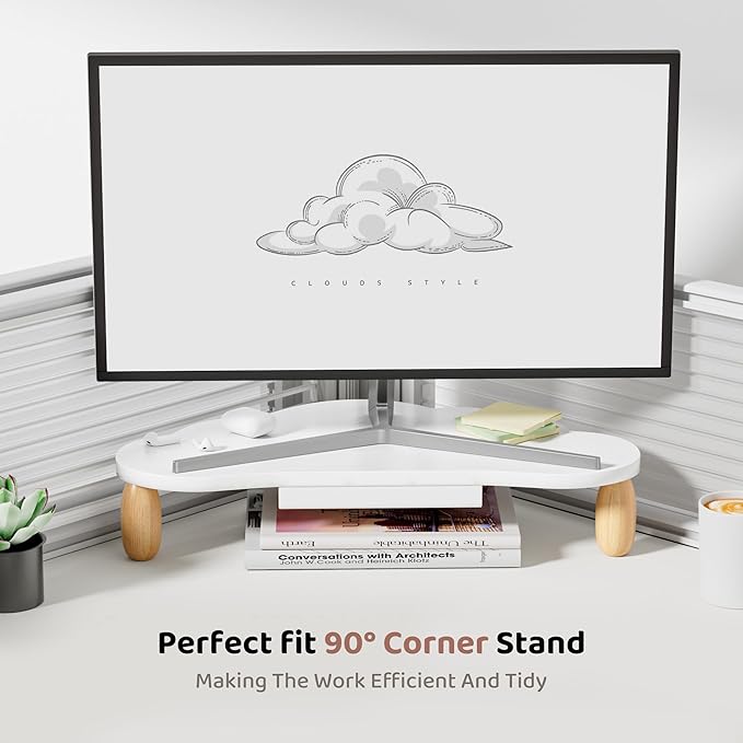 AFOOYO Cloud-Shaped Sturdy Wood Computer Monitor Stand Riser With Drawer, Multi-Purpose Desktop Organizer