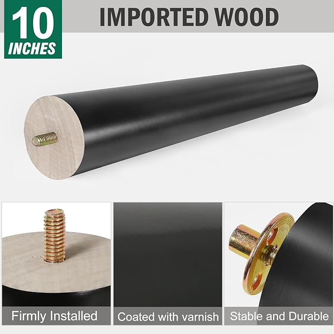 FoDau770 Black Rubber Wood Furniture Legs 10 Inches, Slant Tapered Wood Feet Mid Century Sofa Legs Set of 4, 5/16" UNC Furniture Feet Replacement Parts for Cabinet Couch Dresser Chair Ottoman Table