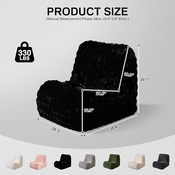 Bean Bag Chair for Adults, Giant Beanbag Lounger with Plush Faux Fur, Comfy Memory Foam Chair Floor Lazy Chair for Living Room Bedroom Dorm Apartment Reading Nook，Black